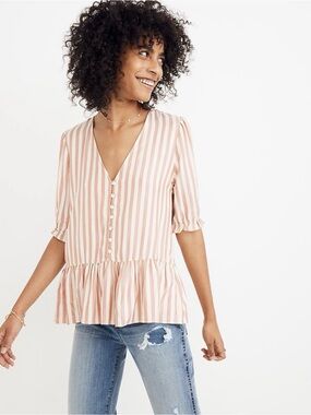 Madewell Courtyard Ruffle Hem Too in Stripe V-Neck Peplum Blouse